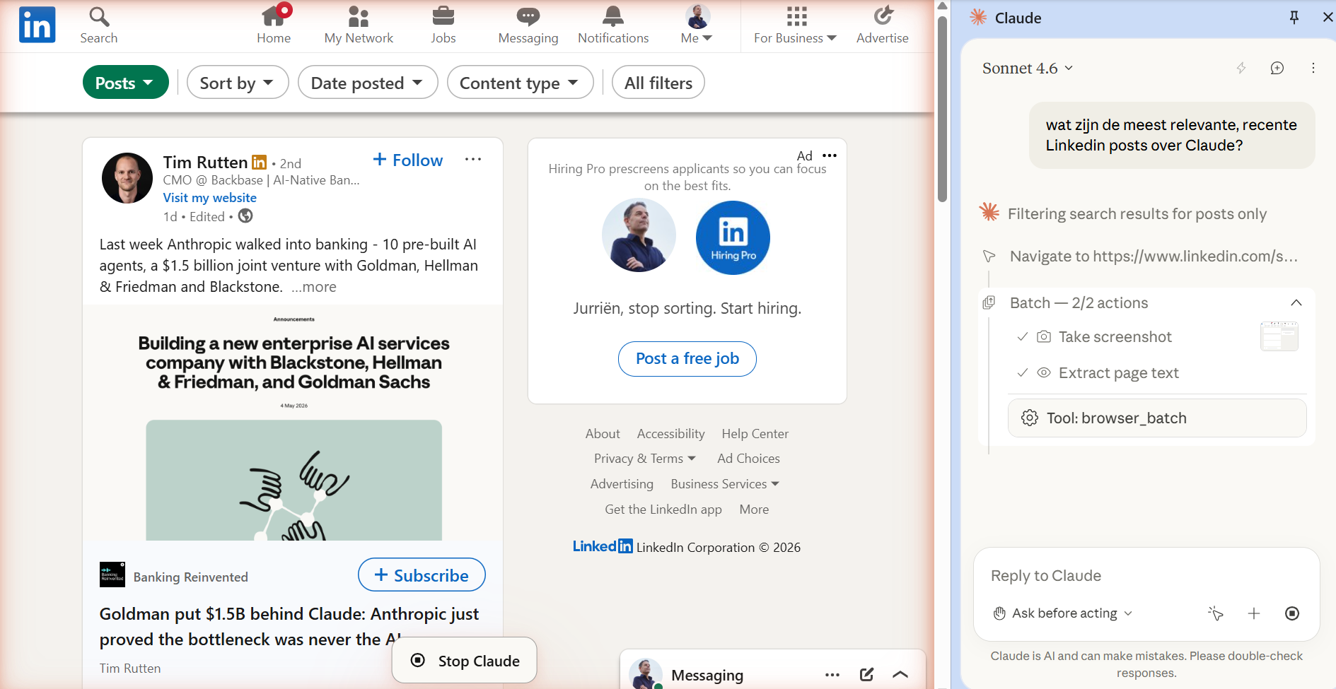 Voorbeeld Claude extensie met LinkedIn