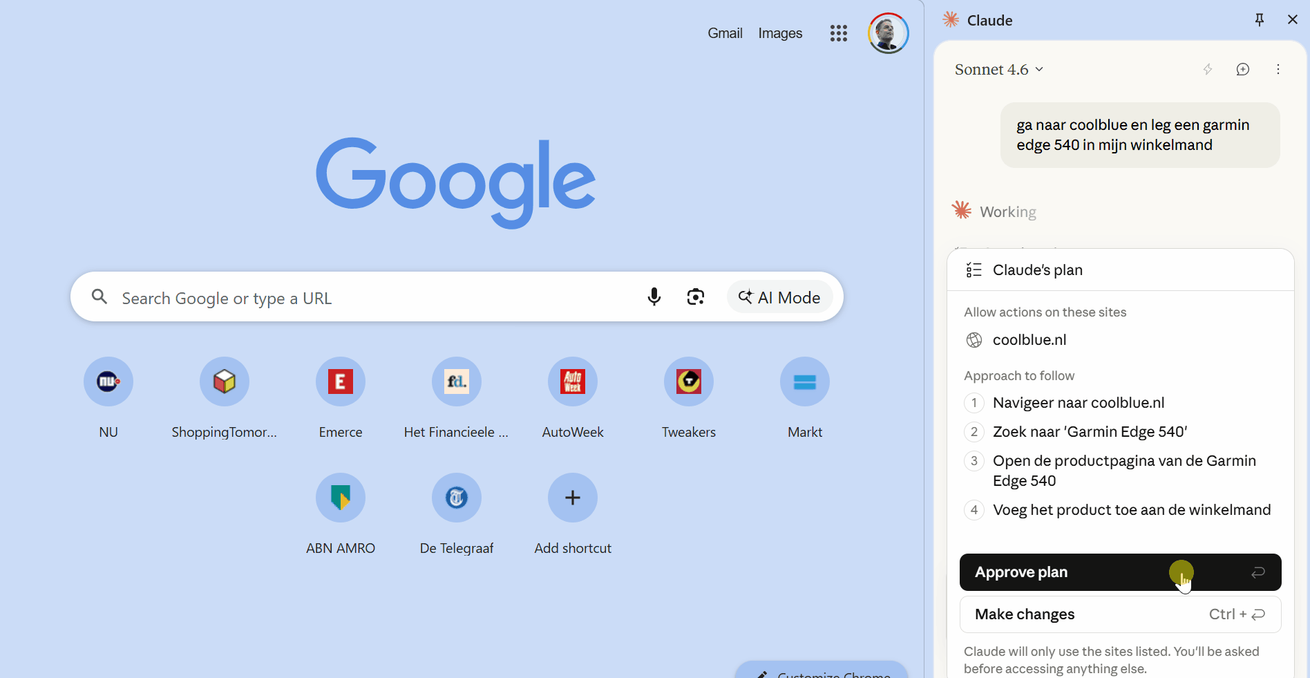 Voorbeeld van Claude in Chrome